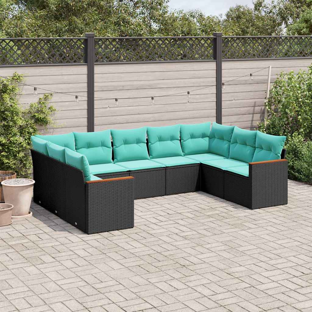 Havesofasæt med 10 dele og hynder polyrattan Sort, Uden bord