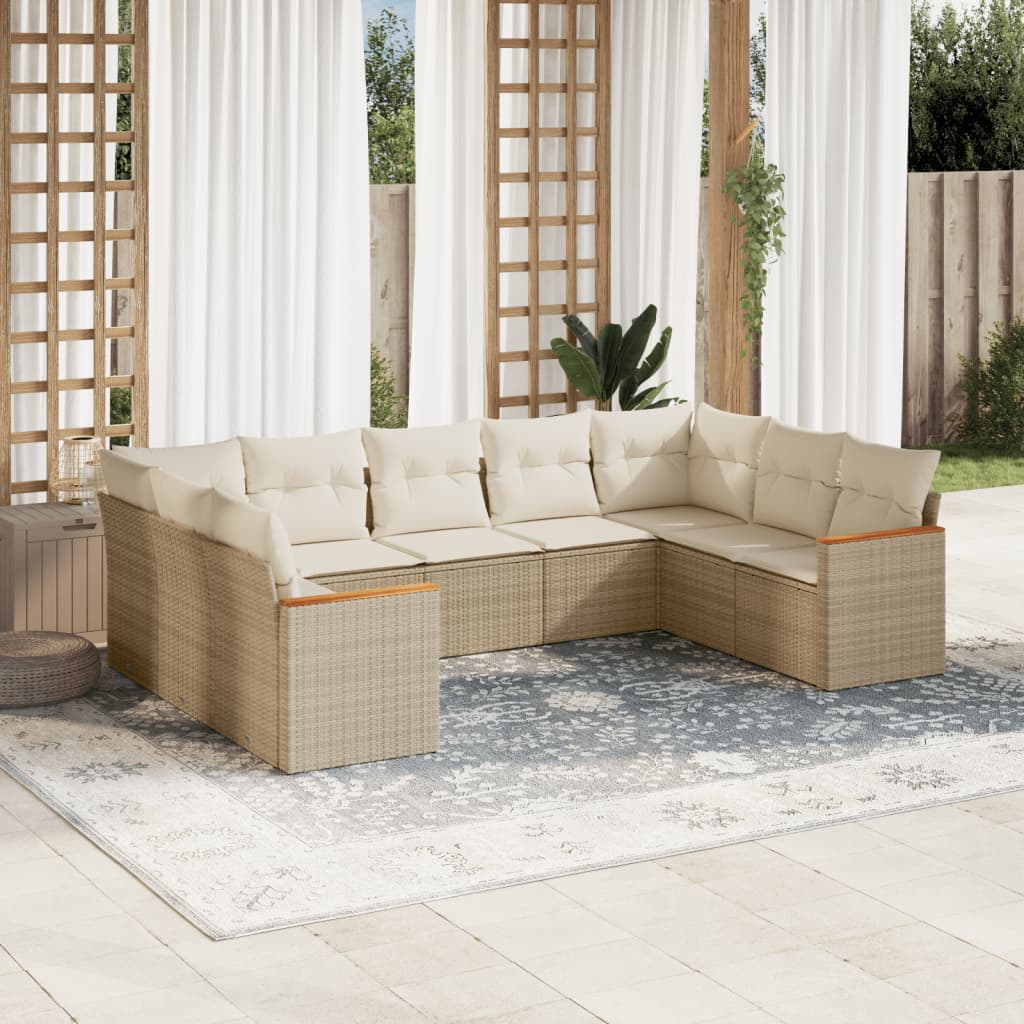 9-tlg. Garten-Sofagarnitur mit Kissen Beige Poly Rattan