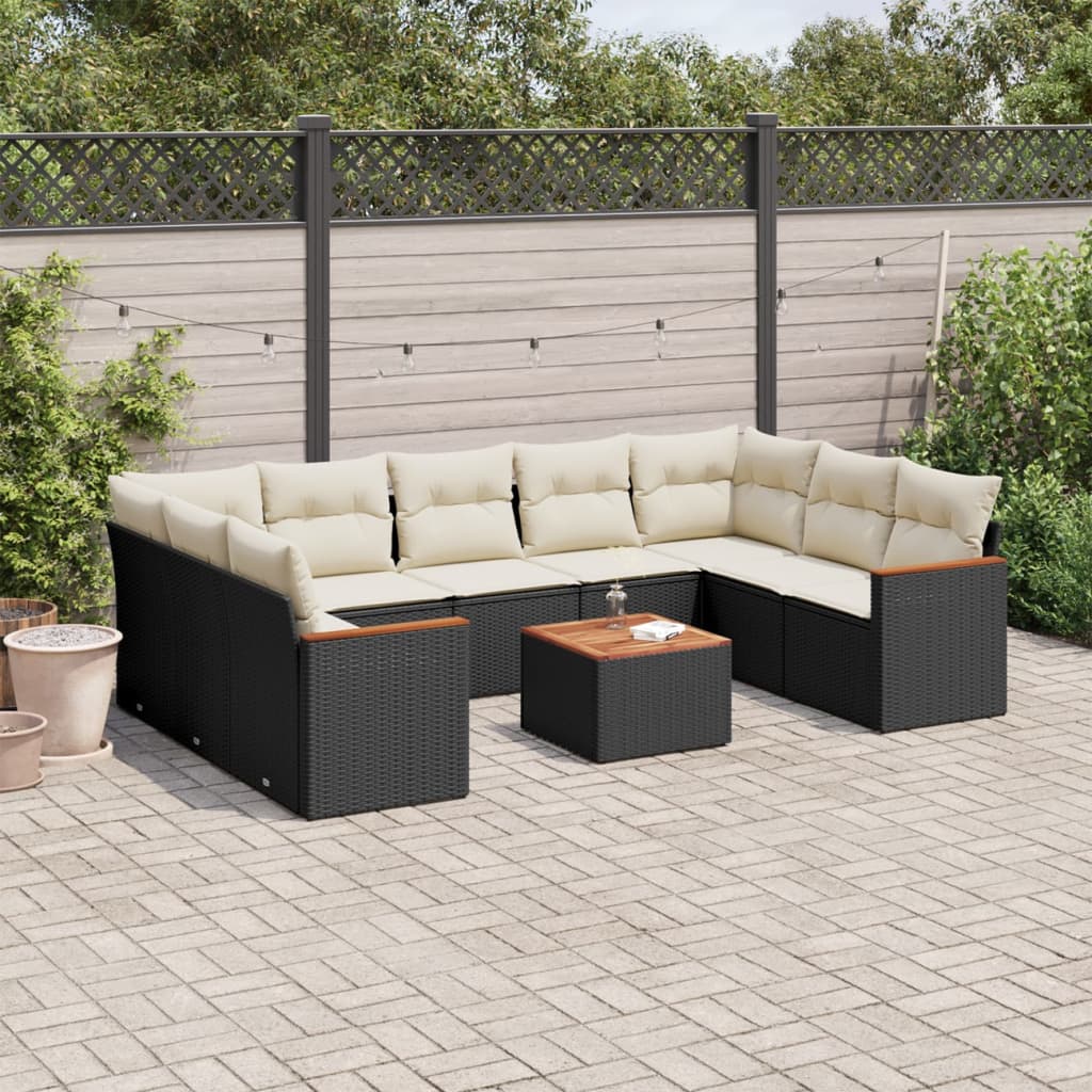 vidaXL 10-tlg. Garten-Sofagarnitur mit Kissen Schwarz Poly Rattan