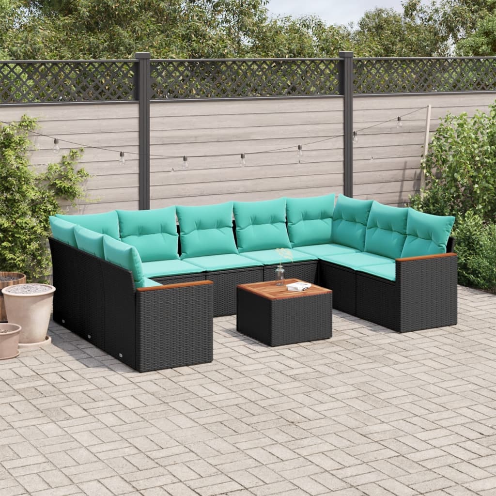 vidaXL 10-teiliges Gartensofa-Set mit Kissen, schwarzes Polyrattan
