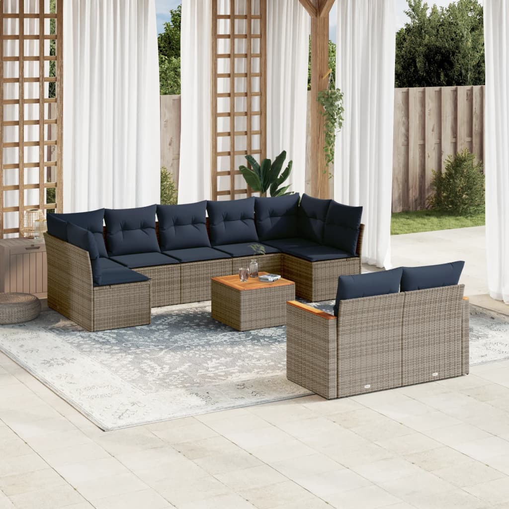 vidaXL 10-teiliges Gartensofa-Set mit Kissen, grau, Polyrattan