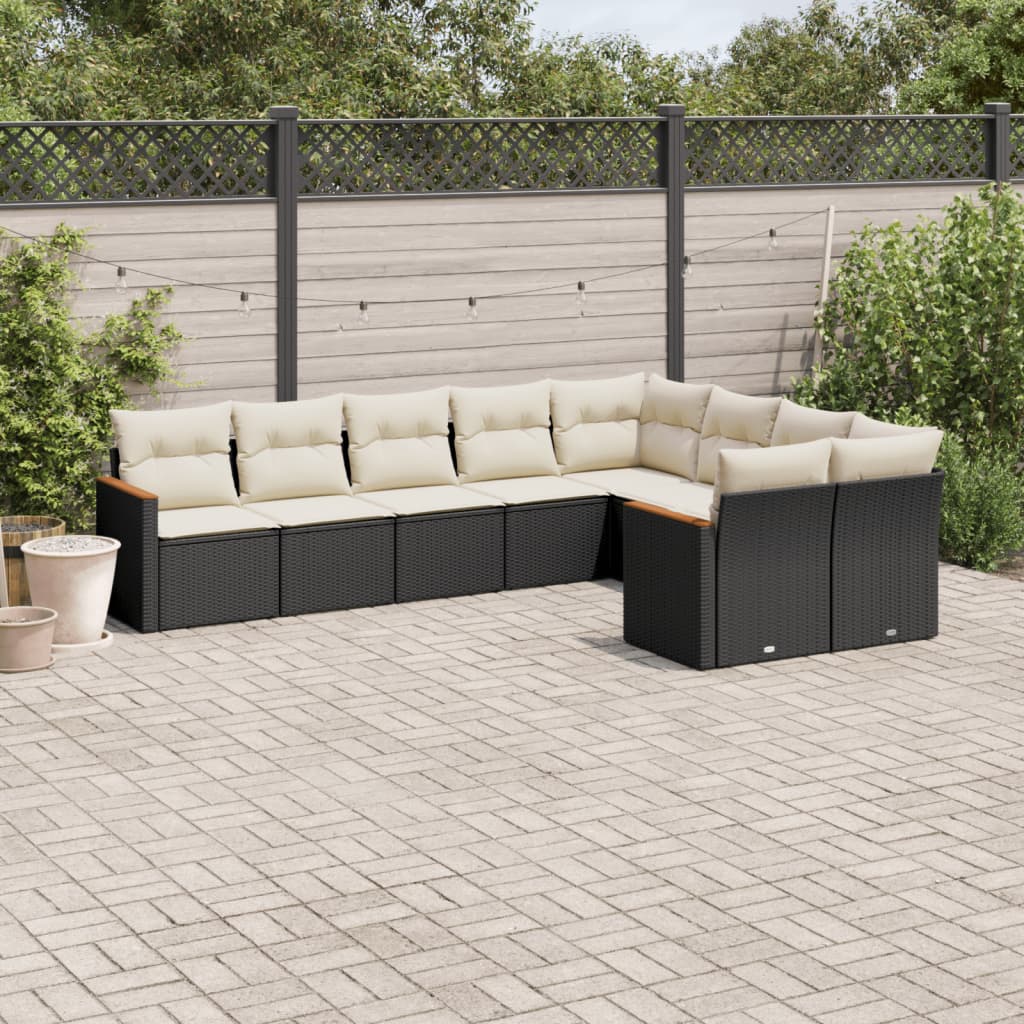 9-tlg. Garten-Sofagarnitur mit Kissen Schwarz Poly Rattan