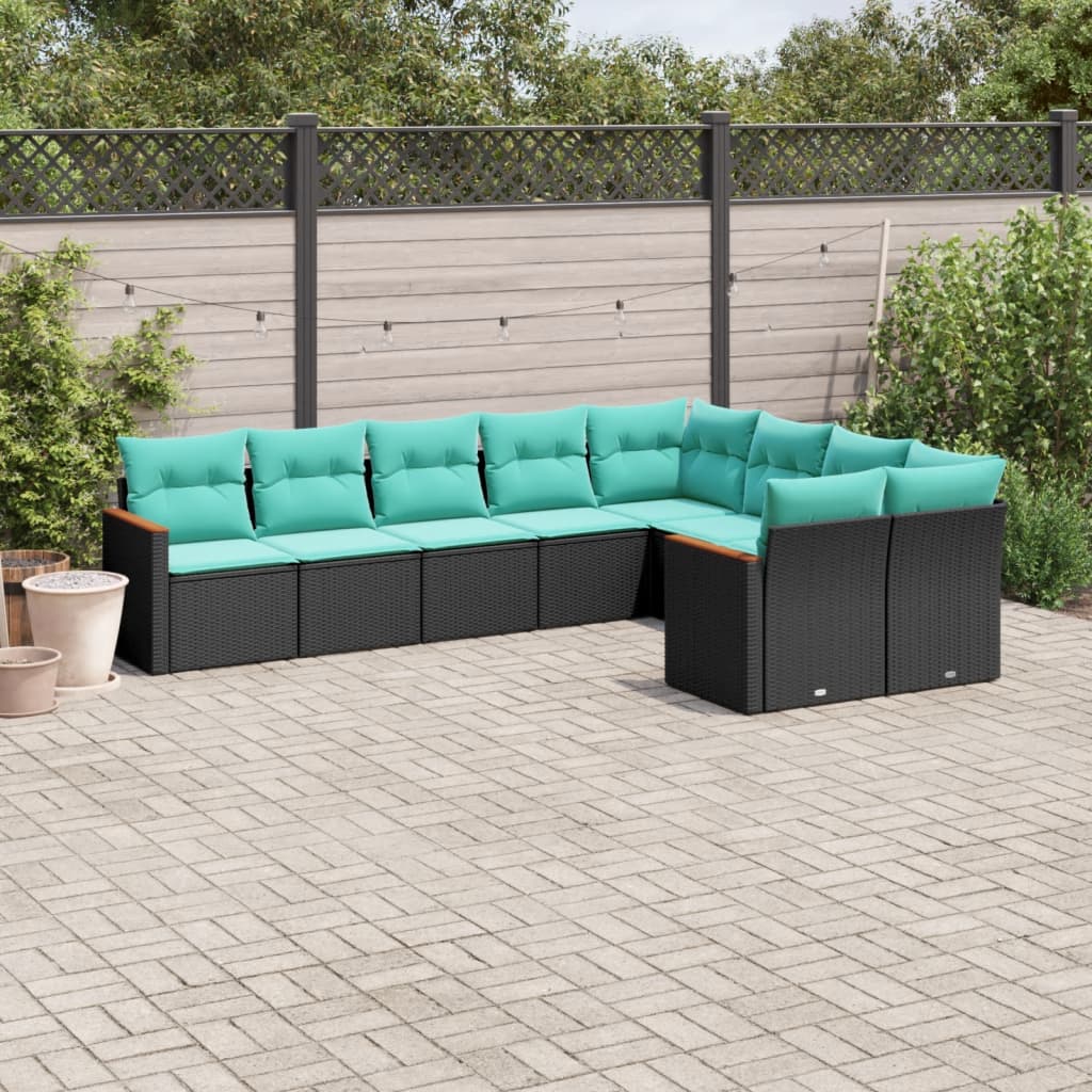 vidaXL 9-teiliges Gartensofa-Set mit Kissen, schwarzes Polyrattan