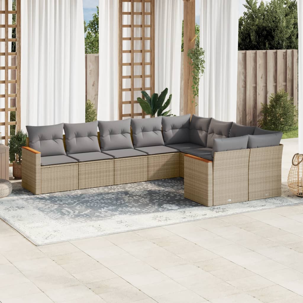 vidaXL 9-tlg. Garten-Sofagarnitur mit Kissen Beige Poly Rattan