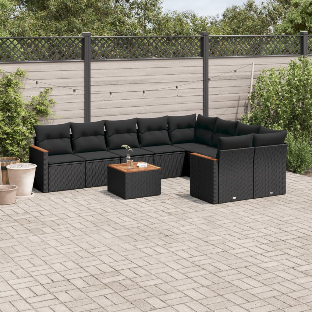 vidaXL 10-tlg. Garten-Sofagarnitur mit Kissen Schwarz Poly Rattan