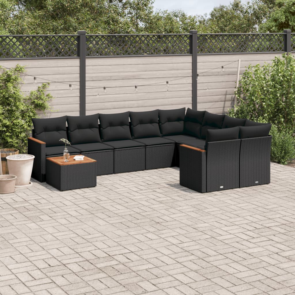 vidaXL 10-tlg. Garten-Sofagarnitur mit Kissen Schwarz Poly Rattan