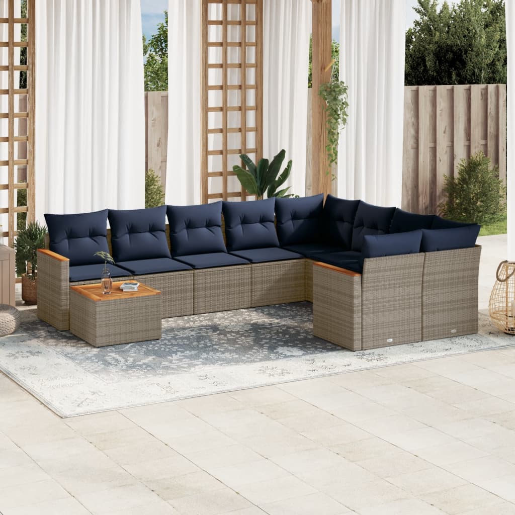 vidaXL 10-teiliges Gartensofa-Set mit Kissen, grau, Polyrattan