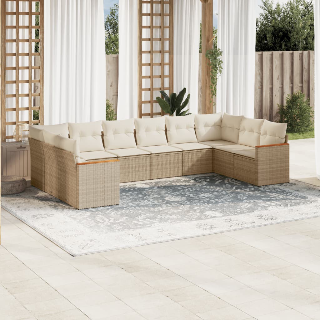 vidaXL 10-tlg. Garten-Sofagarnitur mit Kissen Beige Poly Rattan