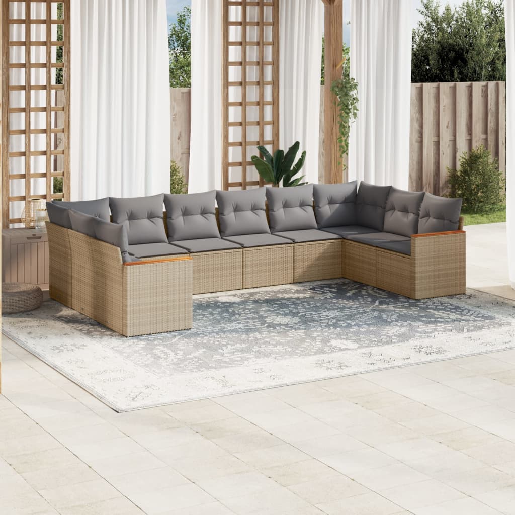 vidaXL 10-tlg. Garten-Sofagarnitur mit Kissen Beige Poly Rattan