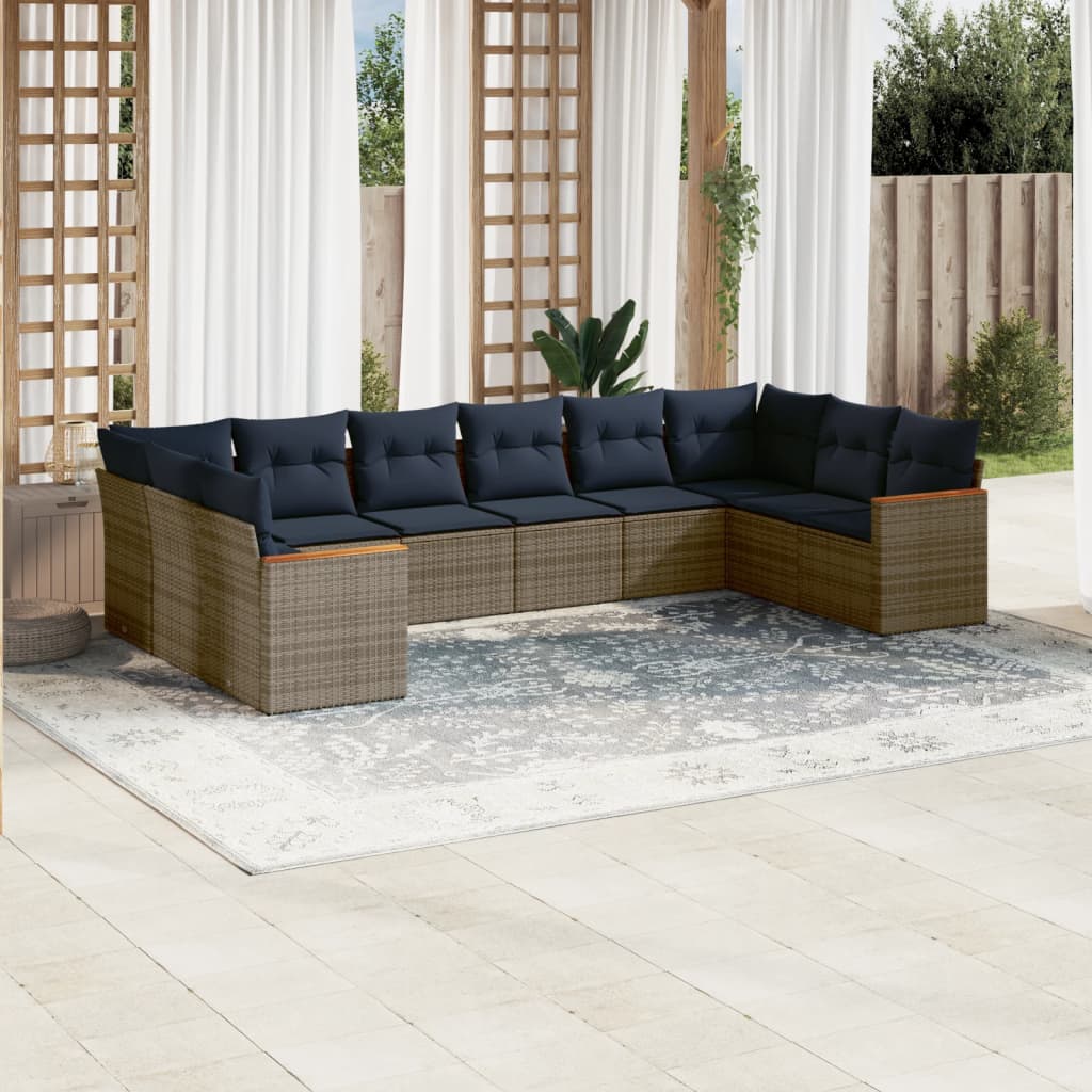 vidaXL 10-teiliges Gartensofa-Set mit Kissen, grau, Polyrattan