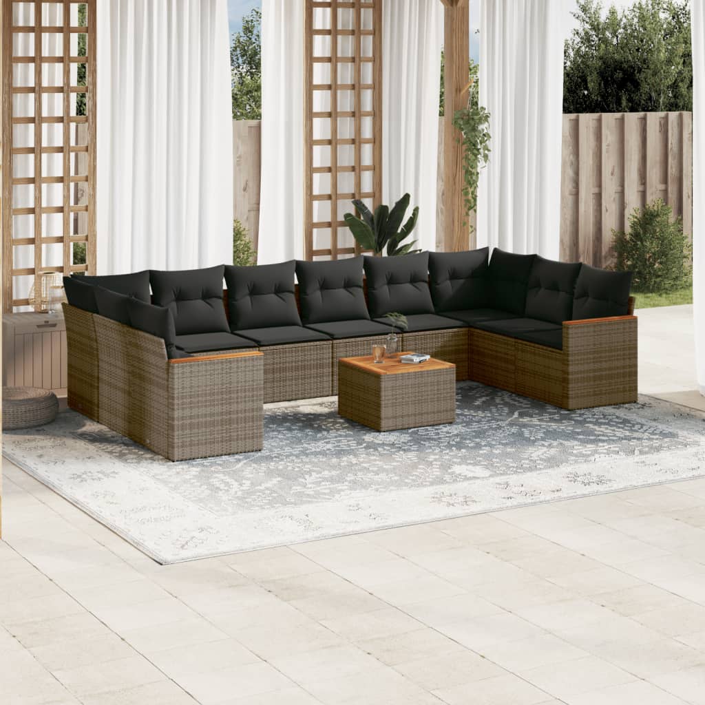 11-tlg. Garten-Sofagarnitur mit Kissen Grau Poly Rattan