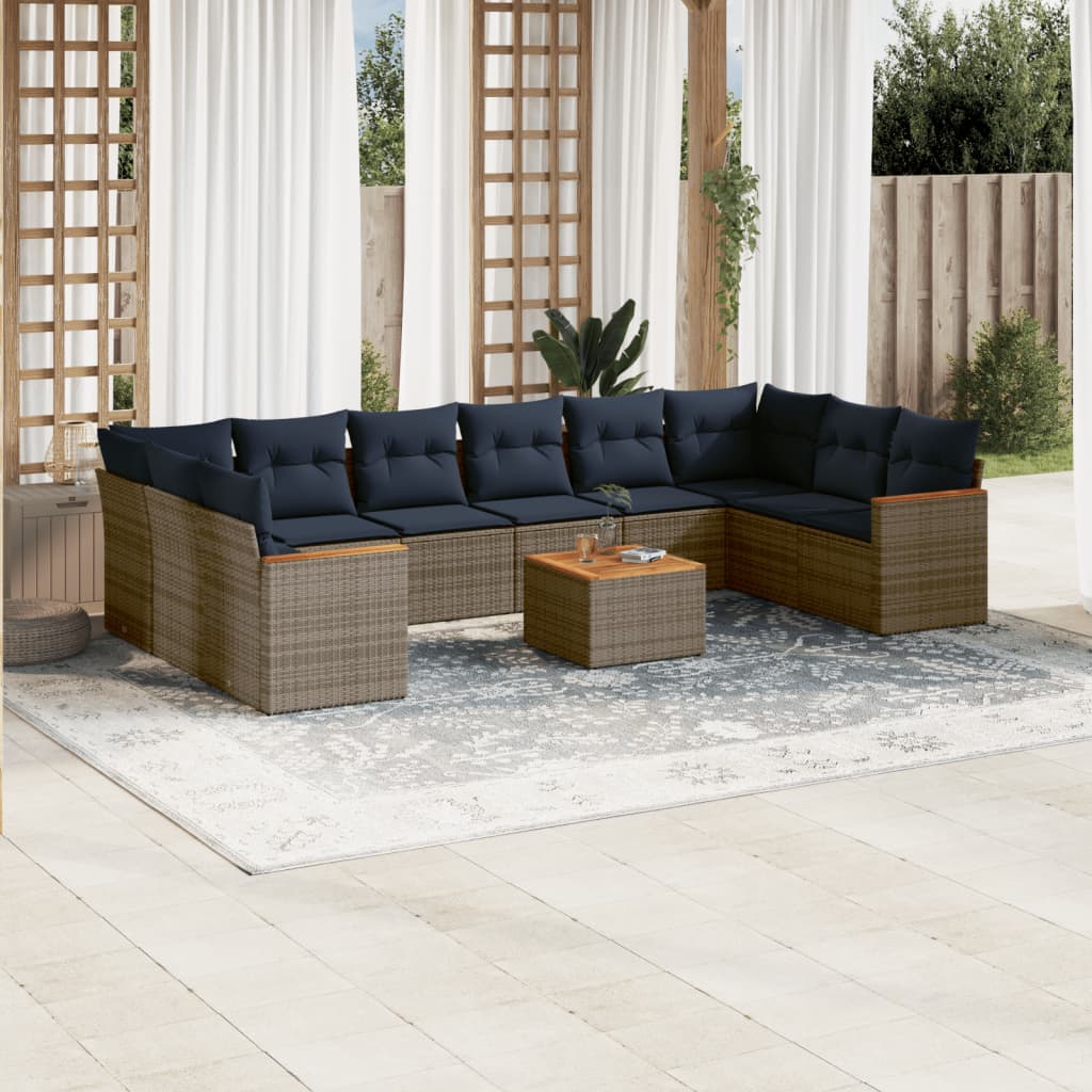 vidaXL 11-teiliges Gartensofa-Set mit Kissen, grau, Polyrattan