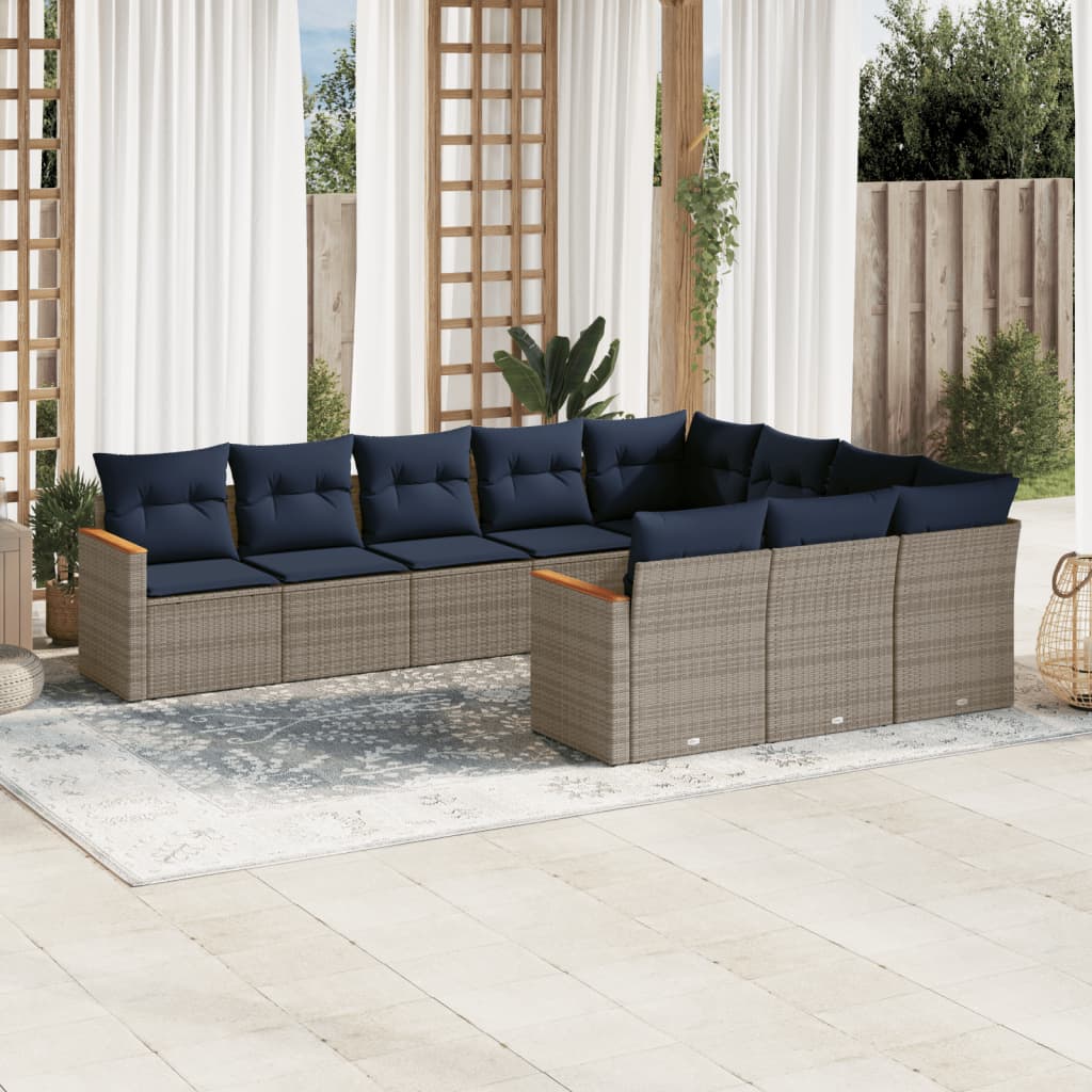 vidaXL 10-teiliges Gartensofa-Set mit Kissen, grau, Polyrattan