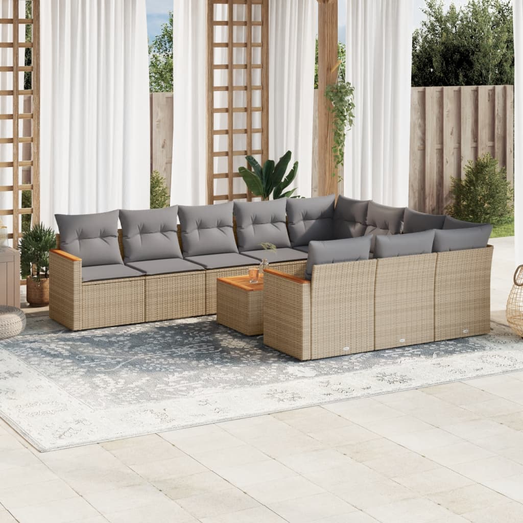 vidaXL 11-tlg. Garten-Sofagarnitur mit Kissen Beige Poly Rattan