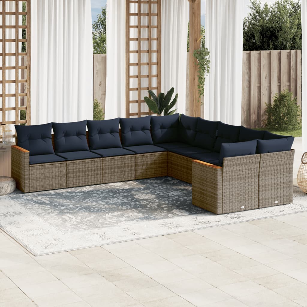 vidaXL 10-teiliges Gartensofa-Set mit Kissen, grau, Polyrattan