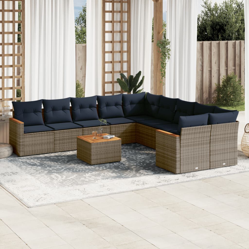 vidaXL 11-teiliges Gartensofa-Set mit Kissen, grau, Polyrattan