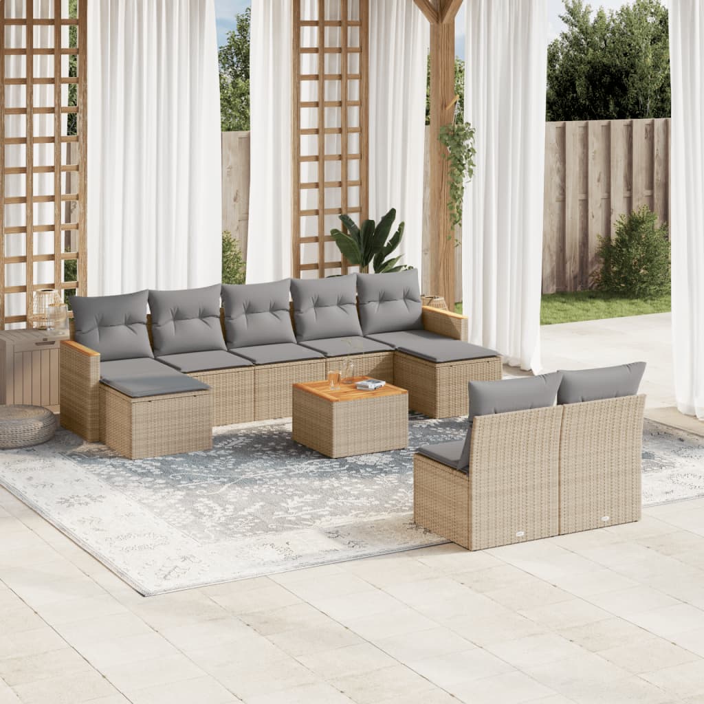 vidaXL 10-tlg. Garten-Sofagarnitur mit Kissen Beige Poly Rattan