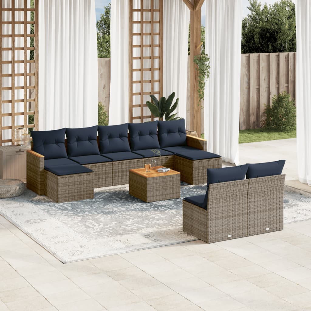 vidaXL 10-teiliges Gartensofa-Set mit Kissen, grau, Polyrattan