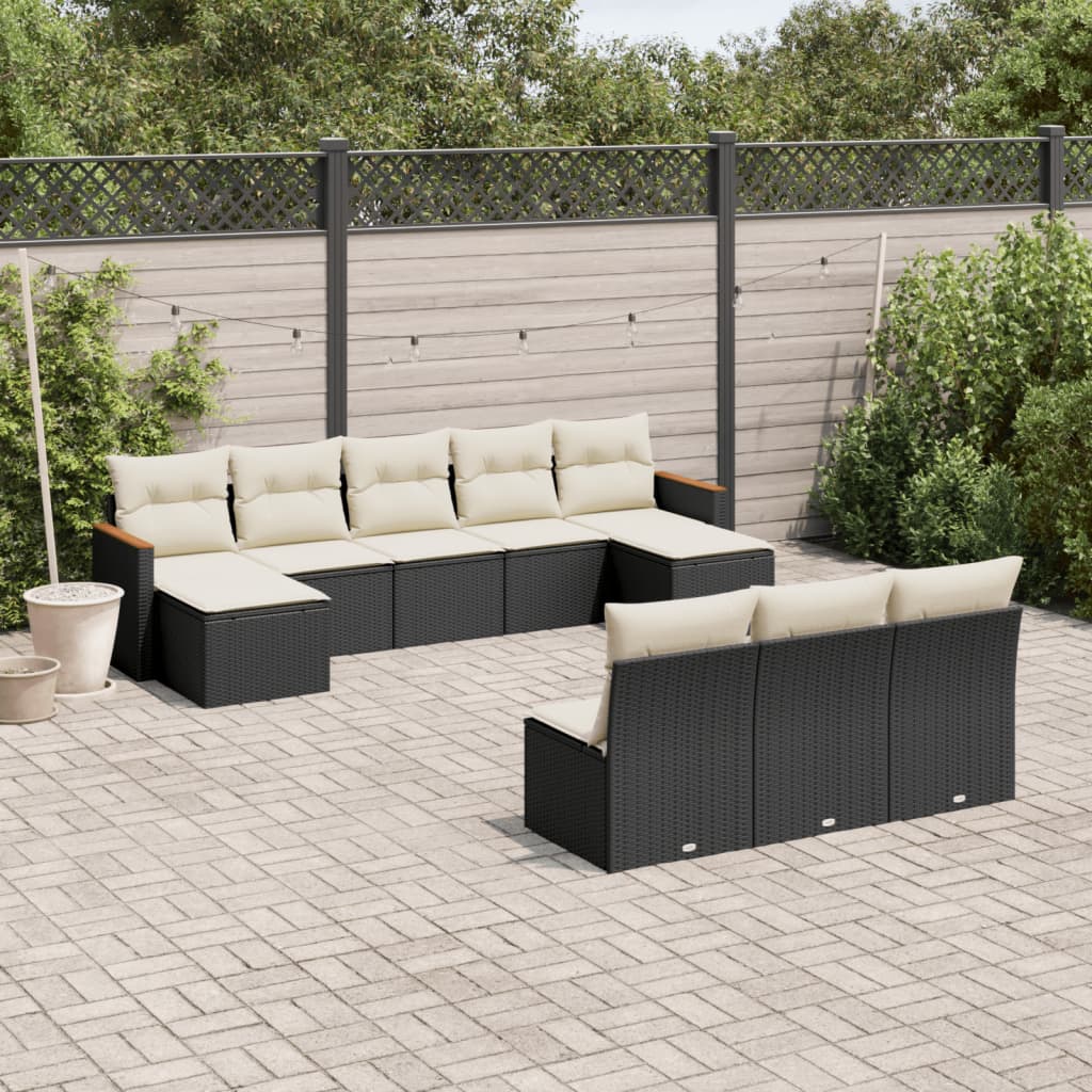 10-tlg. Garten-Sofagarnitur mit Kissen Schwarz Poly Rattan