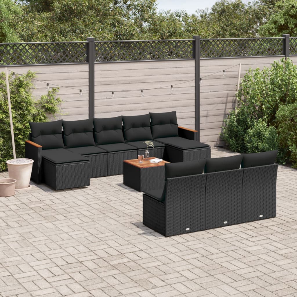 vidaXL 11-tlg. Garten-Sofagarnitur mit Kissen Schwarz Poly Rattan