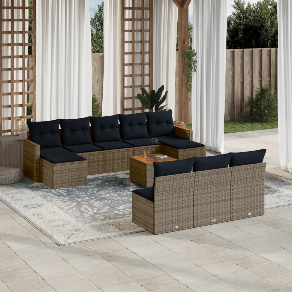 vidaXL 11-teiliges Gartensofa-Set mit Kissen, grau, Polyrattan