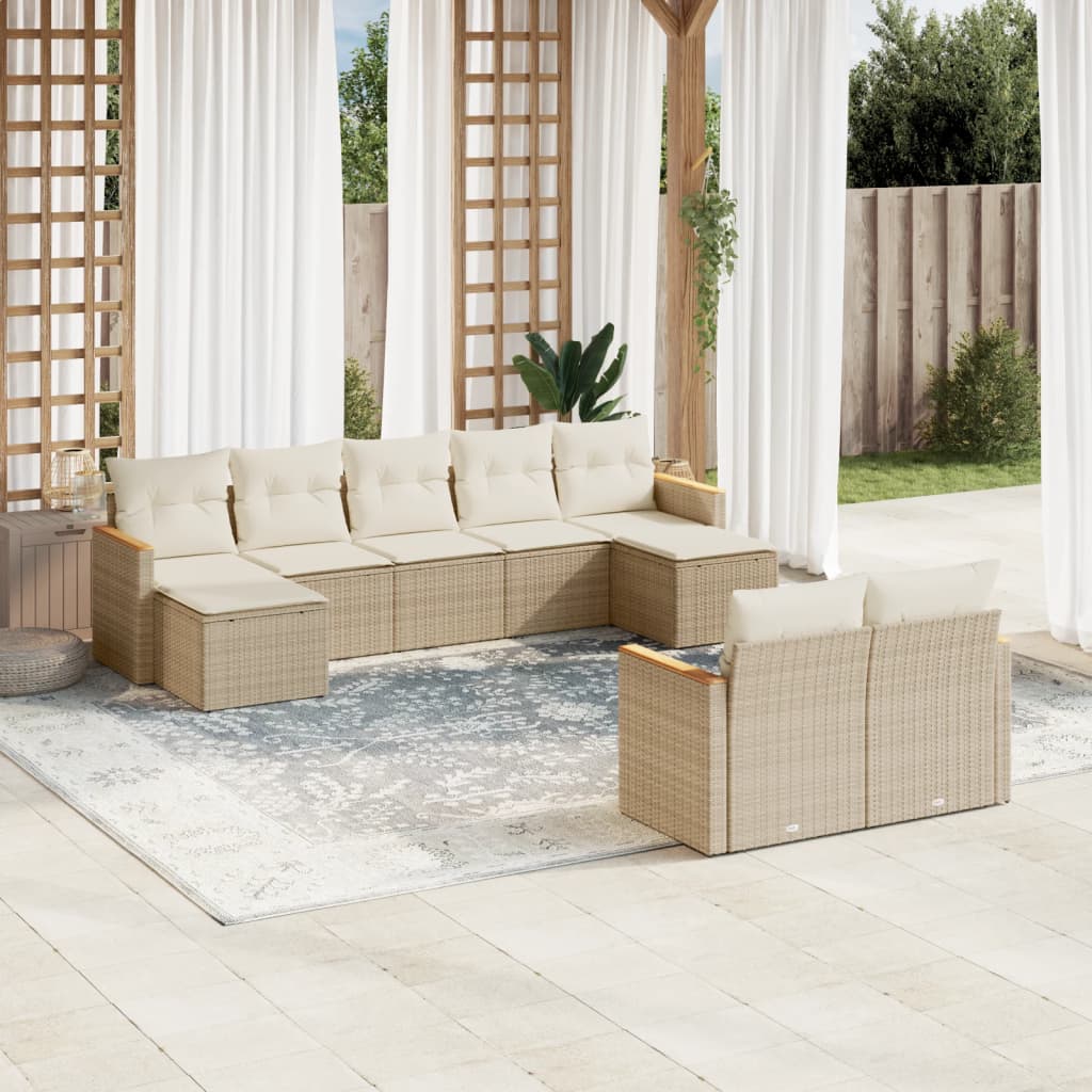 vidaXL 9-tlg. Garten-Sofagarnitur mit Kissen Beige Poly Rattan