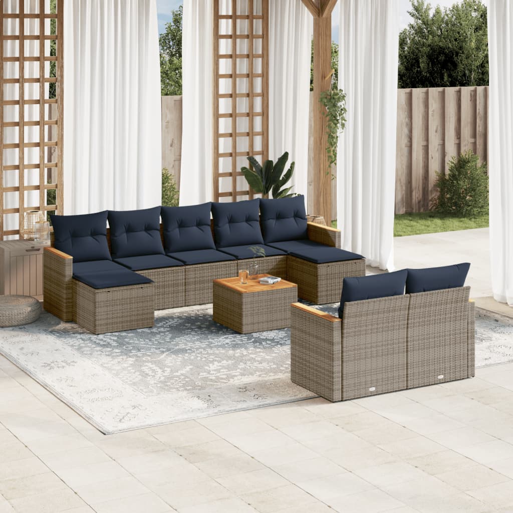 vidaXL 10-teiliges Gartensofa-Set mit Kissen, grau, Polyrattan