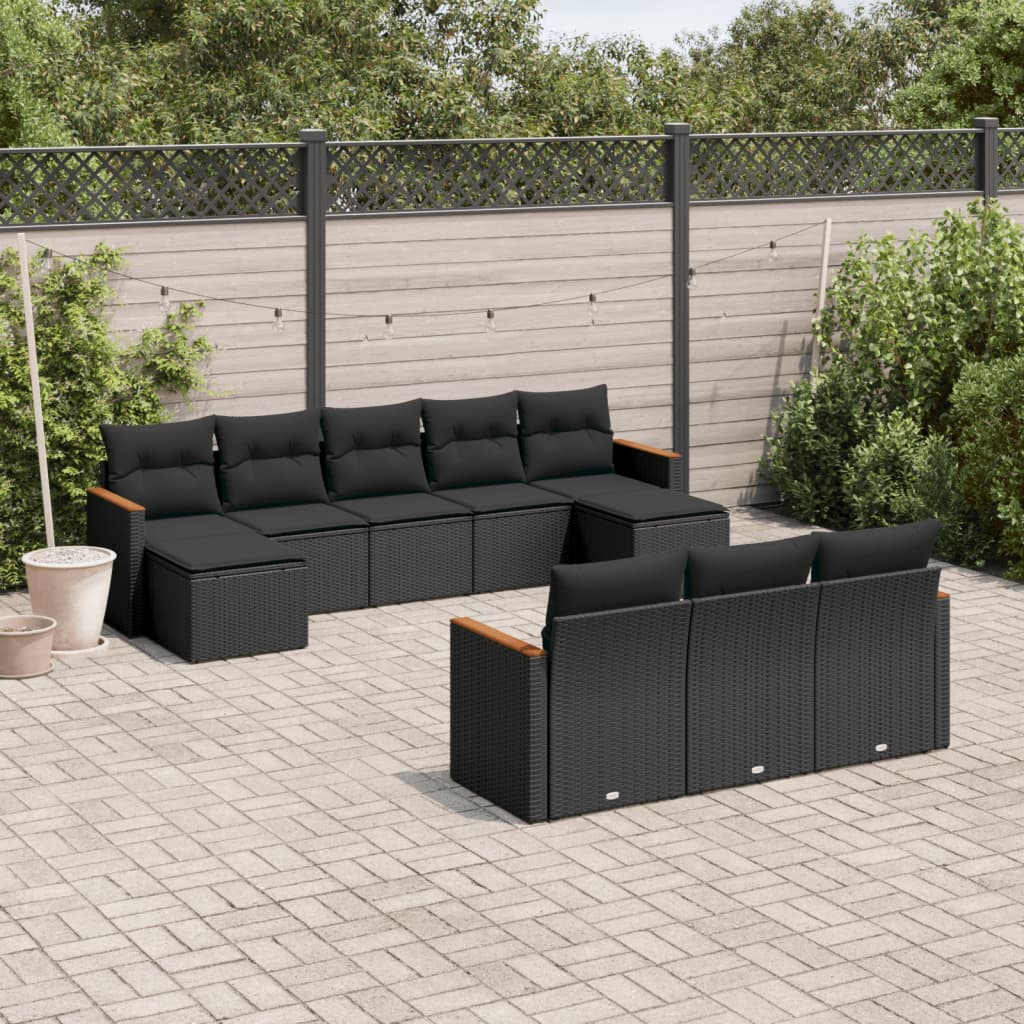 vidaXL 10-tlg. Garten-Sofagarnitur mit Kissen Schwarz Poly Rattan