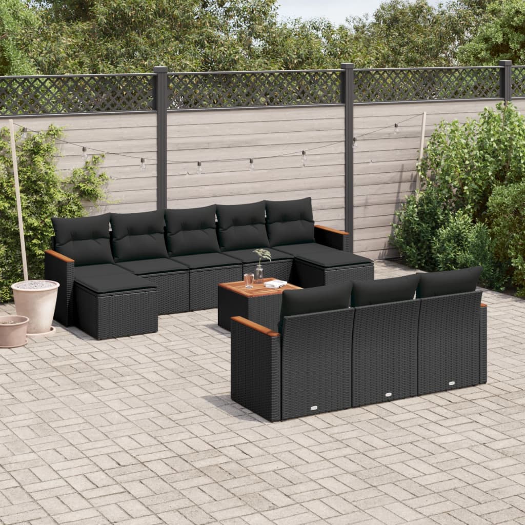 11-tlg. Garten-Sofagarnitur mit Kissen Schwarz Poly Rattan