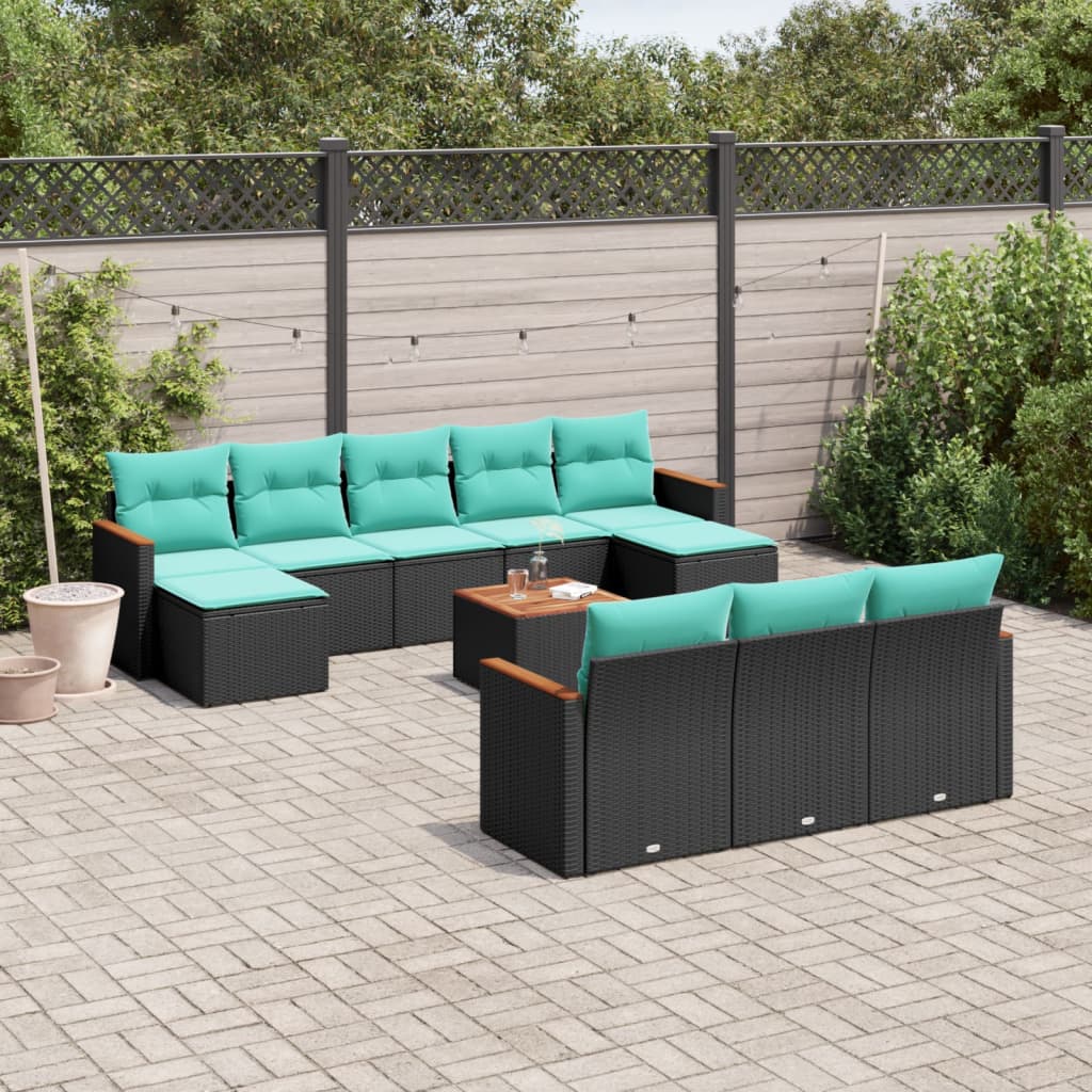vidaXL 11-teiliges Gartensofa-Set mit Kissen, schwarzes Polyrattan