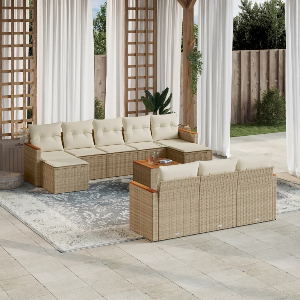 vidaXL 11-tlg. Garten-Sofagarnitur mit Kissen Beige Poly Rattan