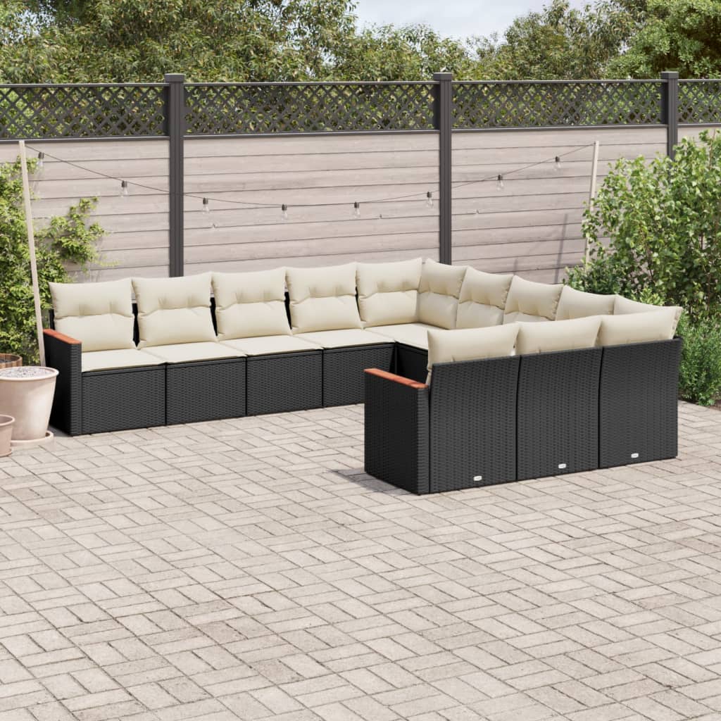 vidaXL 11-tlg. Garten-Sofagarnitur mit Kissen Schwarz Poly Rattan