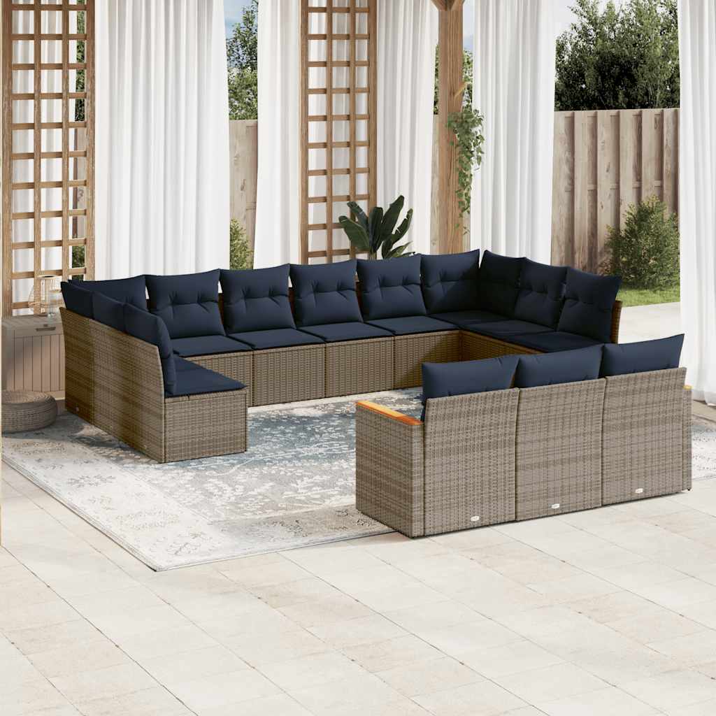 vidaXL 13-teiliges Gartensofa-Set mit Kissen, grau, Polyrattan
