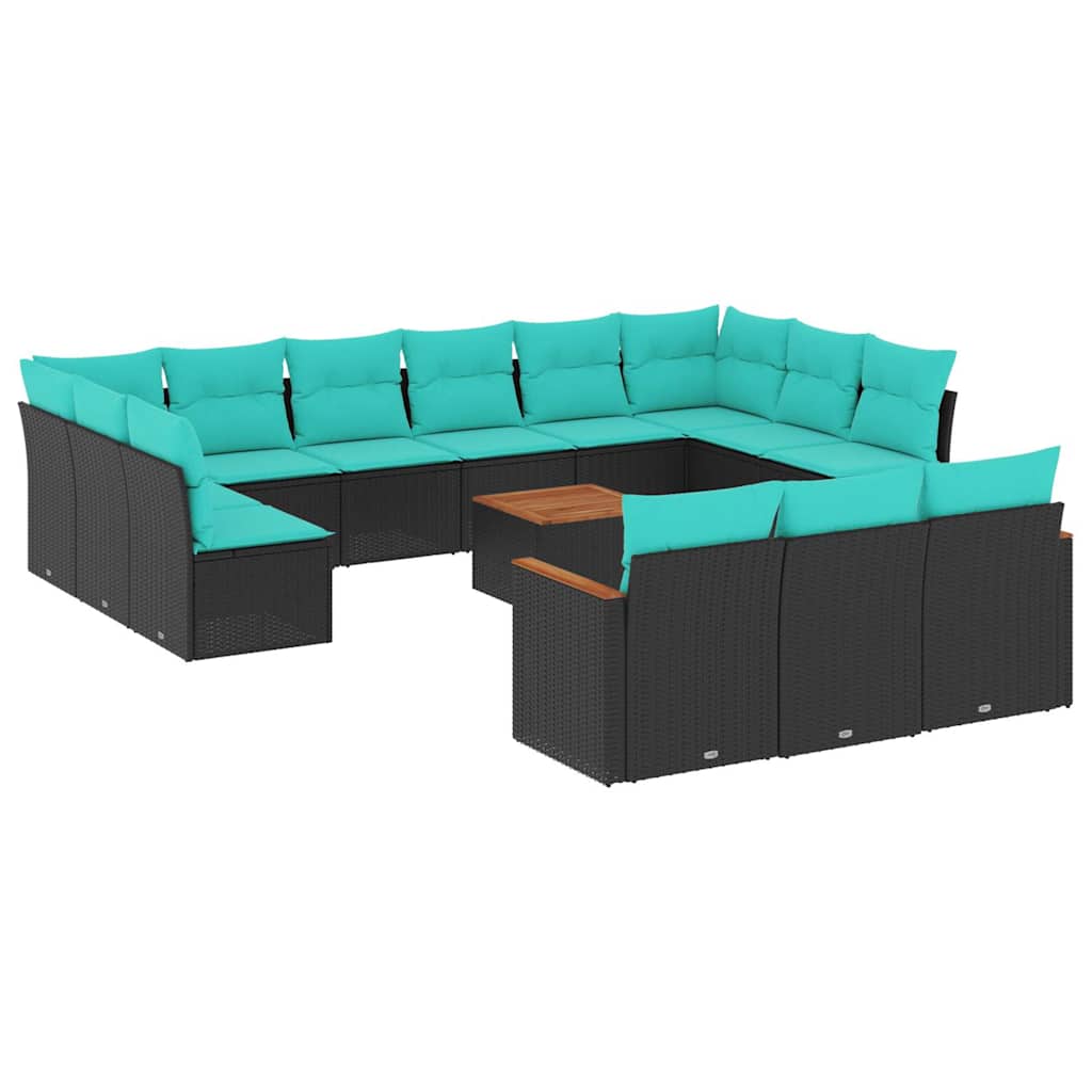 14-teiliges Gartensofa-Set mit Kissen, schwarzes Polyrattan – Ansicht 2