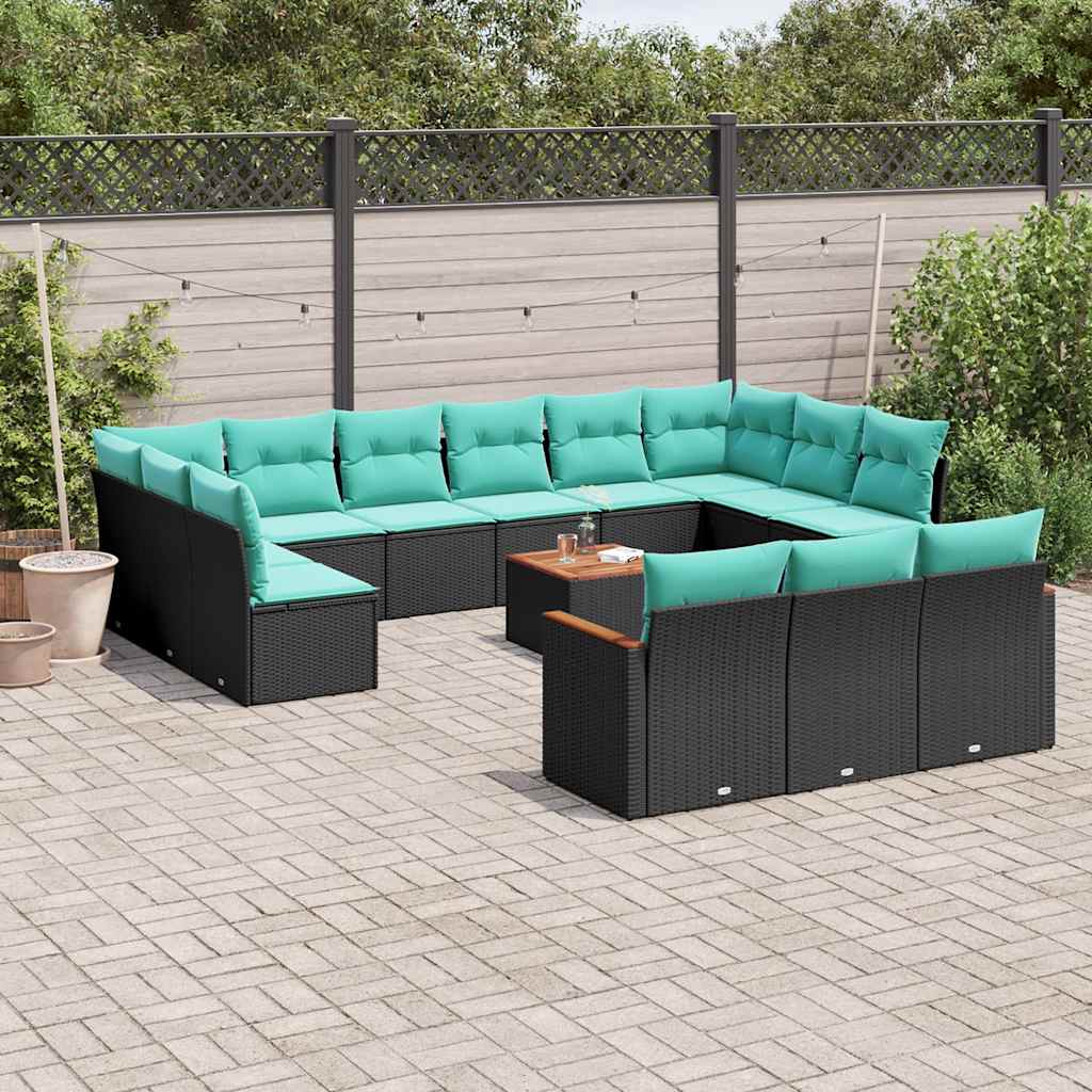 vidaXL 14-teiliges Gartensofa-Set mit Kissen, schwarzes Polyrattan