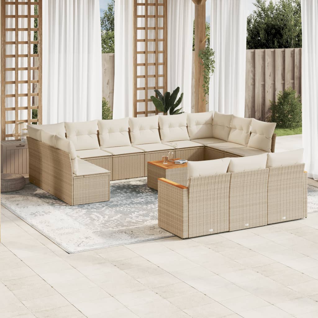 14-tlg. Garten-Sofagarnitur mit Kissen Beige Poly Rattan