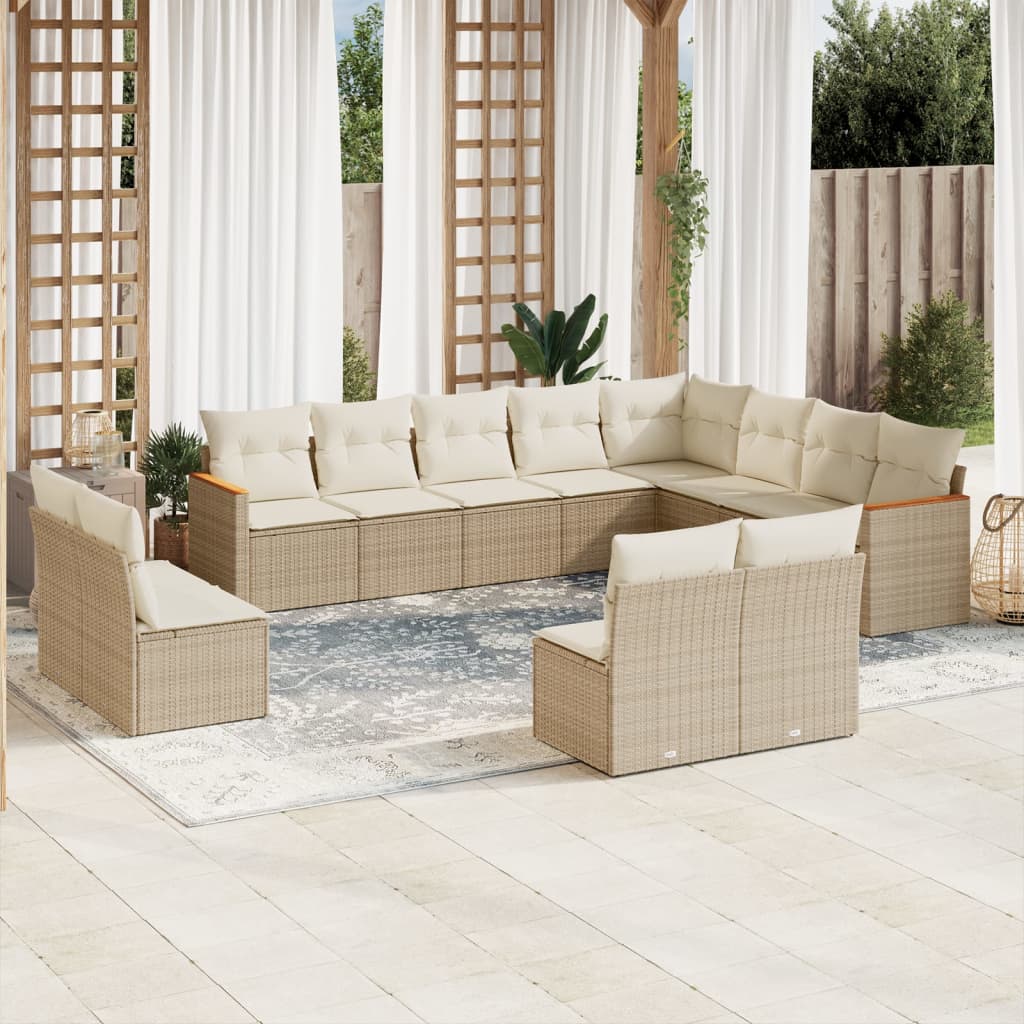 12-tlg. Garten-Sofagarnitur mit Kissen Beige Poly Rattan