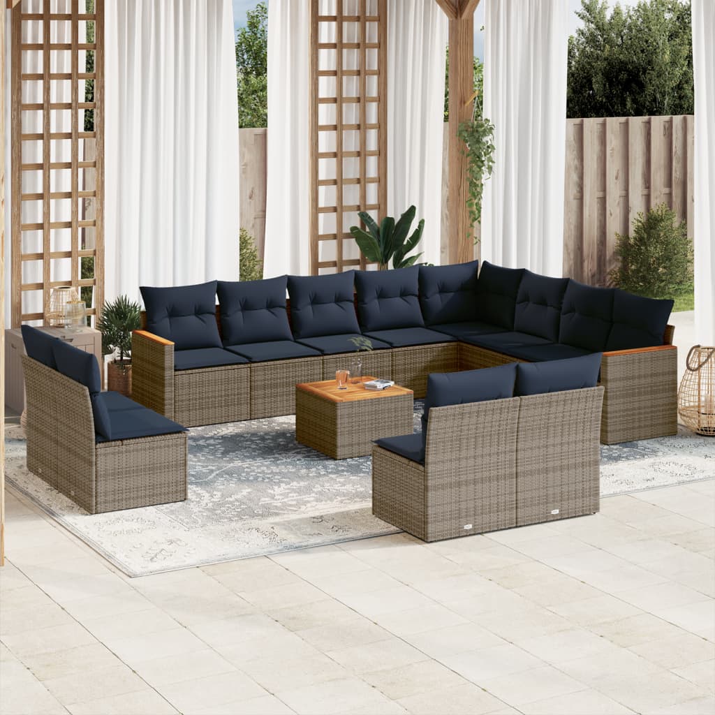 vidaXL 13-teiliges Gartensofa-Set mit Kissen, grau, Polyrattan