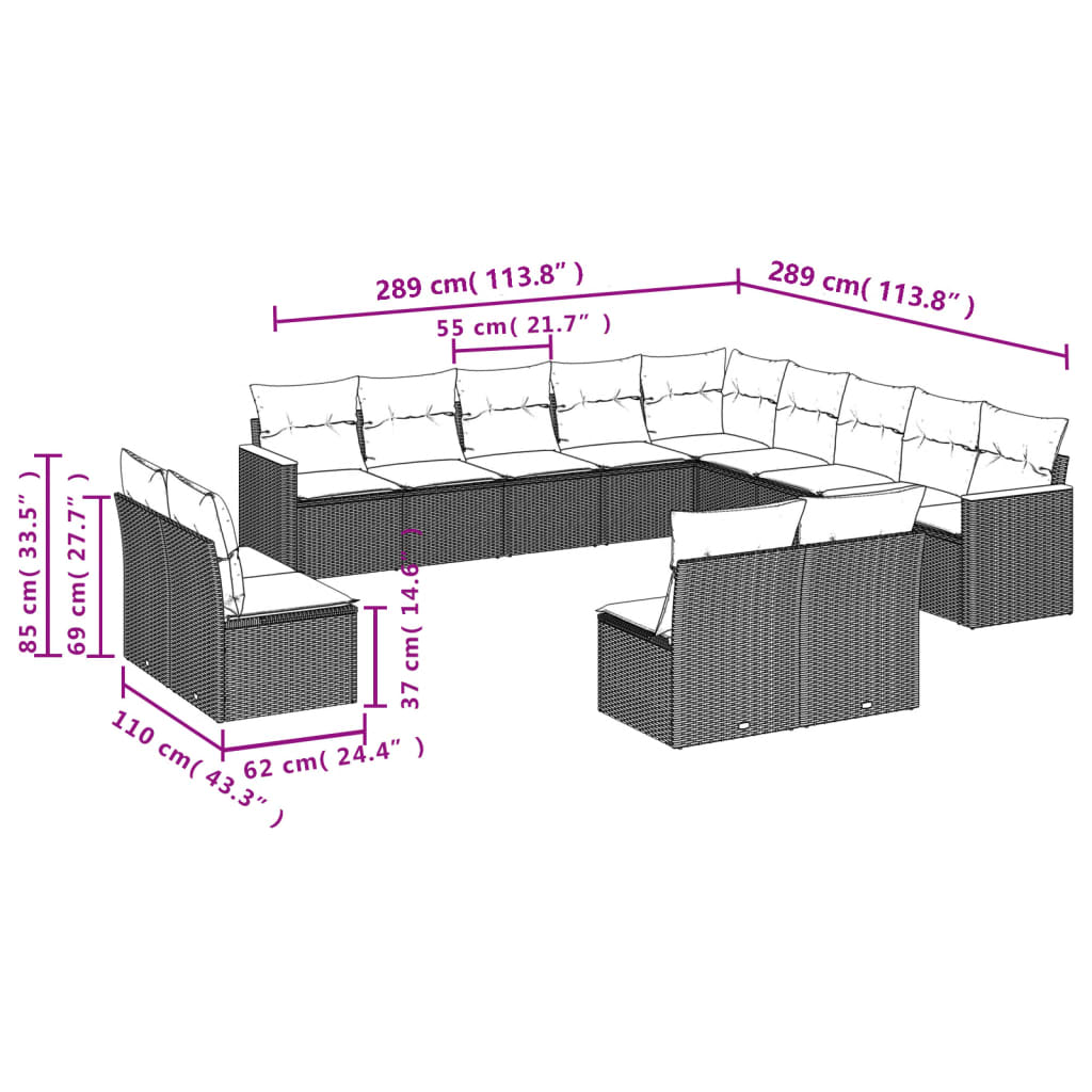 13 Piece Patio Sofa Set with Cushions Black Poly Rattan vidaXL vidaXL