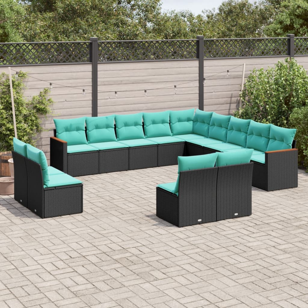 13 Piece Patio Sofa Set with Cushions Black Poly Rattan vidaXL vidaXL