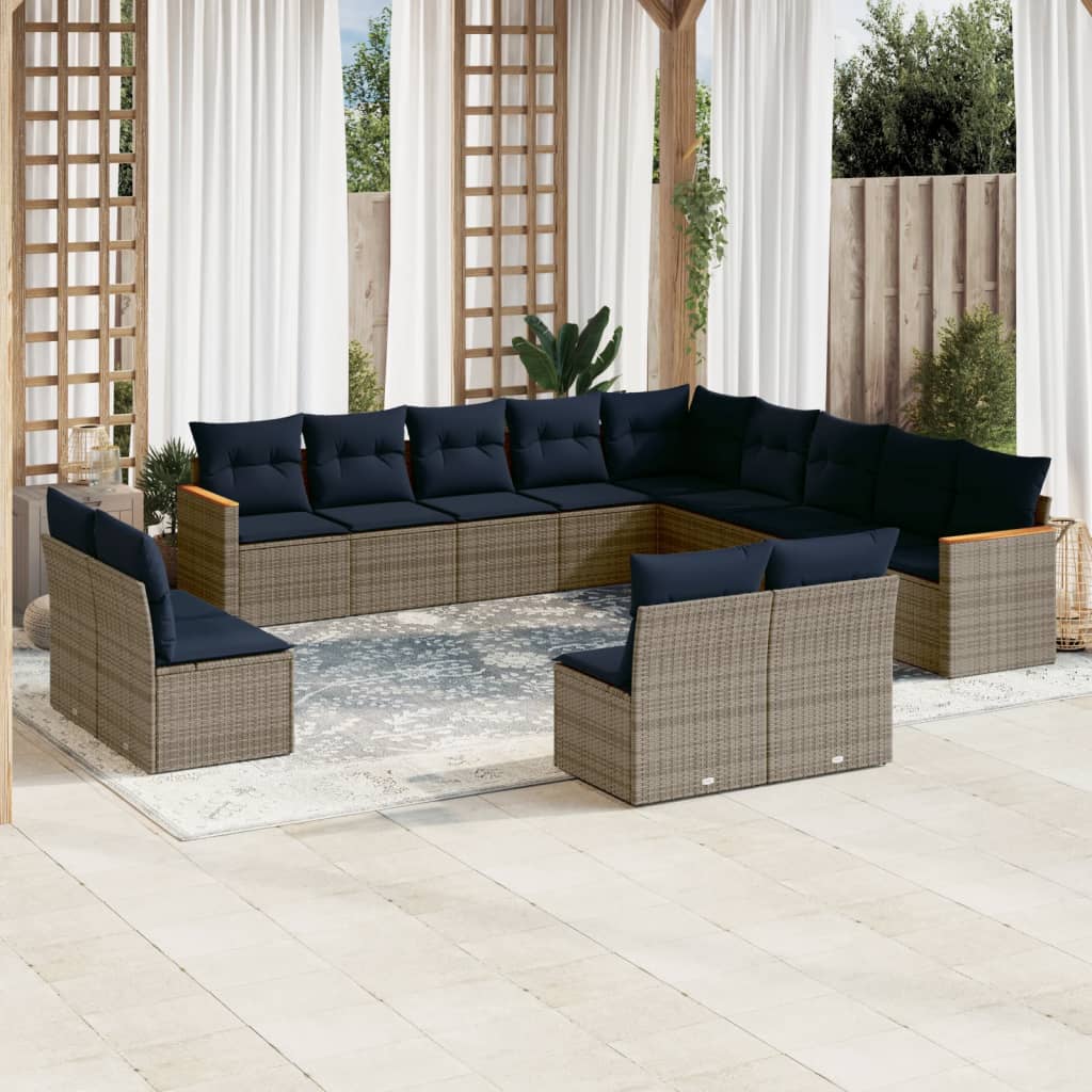 vidaXL 13-teiliges Gartensofa-Set mit Kissen, grau, Polyrattan