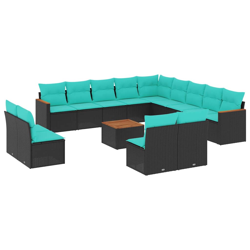 14-teiliges Gartensofa-Set mit Kissen, schwarzes Polyrattan – Ansicht 2