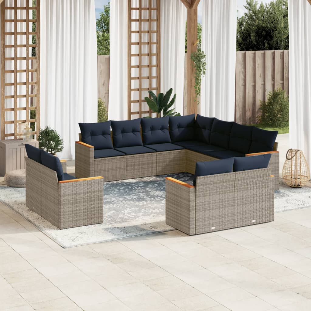 vidaXL 11-teiliges Gartensofa-Set mit Kissen, grau, Polyrattan