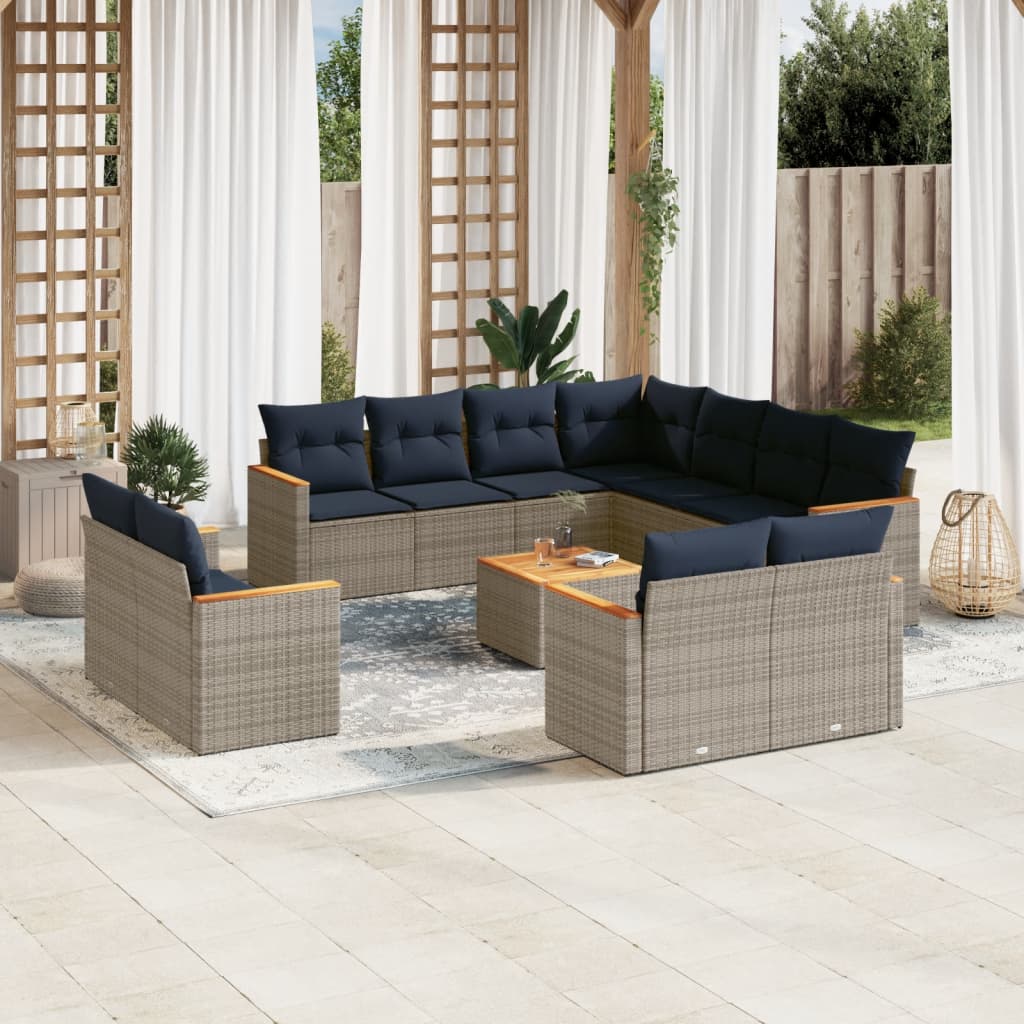 vidaXL 12-teiliges Gartensofa-Set mit Kissen, grau, Polyrattan