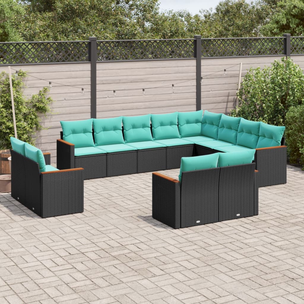 vidaXL 12-teiliges Gartensofa-Set mit Kissen, schwarzes Polyrattan