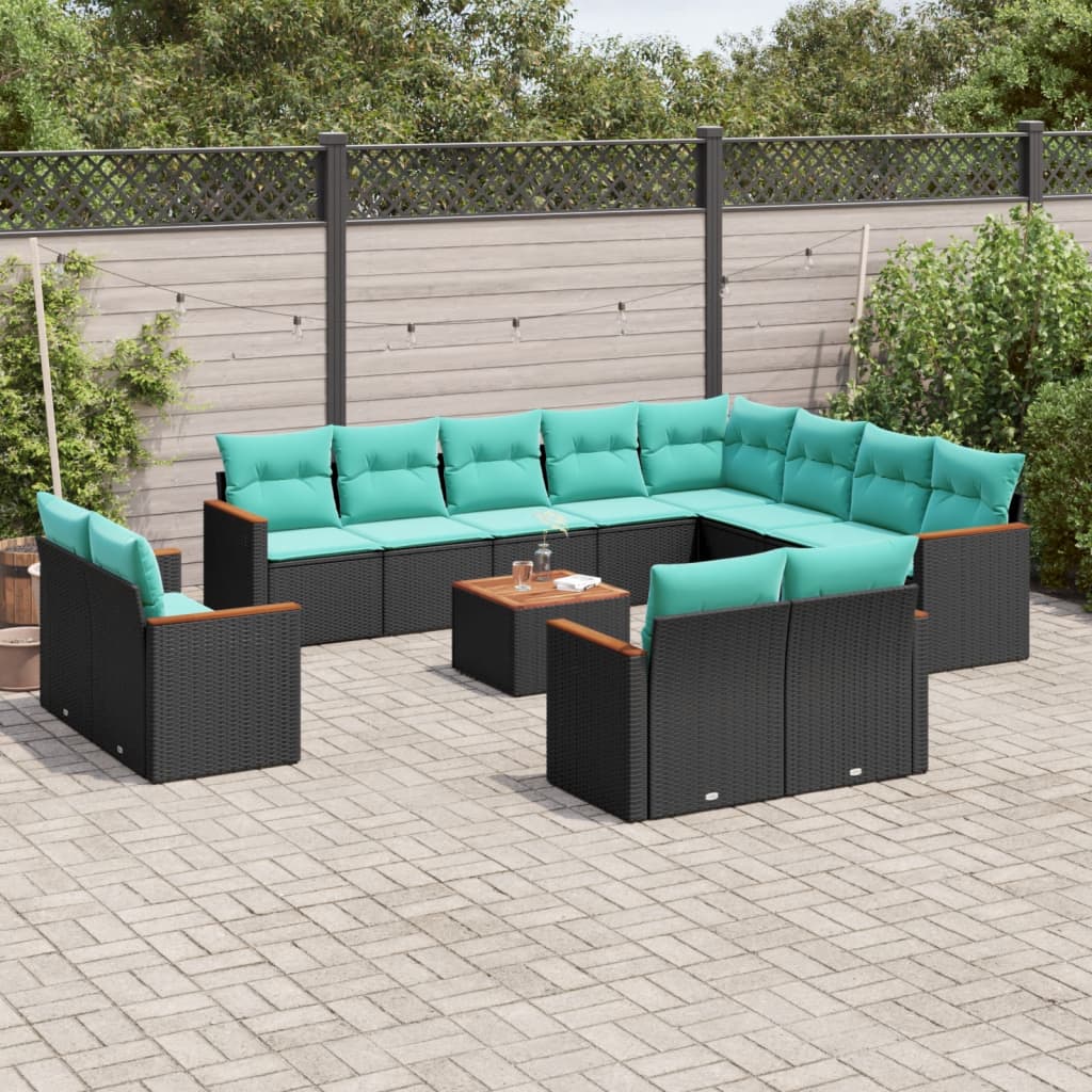 vidaXL 13-teiliges Gartensofa-Set mit Kissen, schwarzes Polyrattan