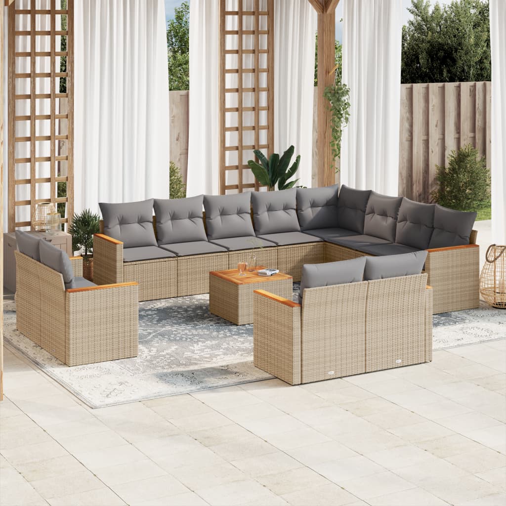 13-tlg. Garten-Sofagarnitur mit Kissen Beige Poly Rattan