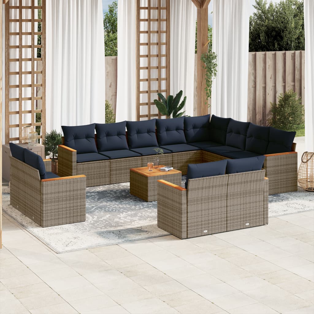 vidaXL 13-teiliges Gartensofa-Set mit Kissen, grau, Polyrattan