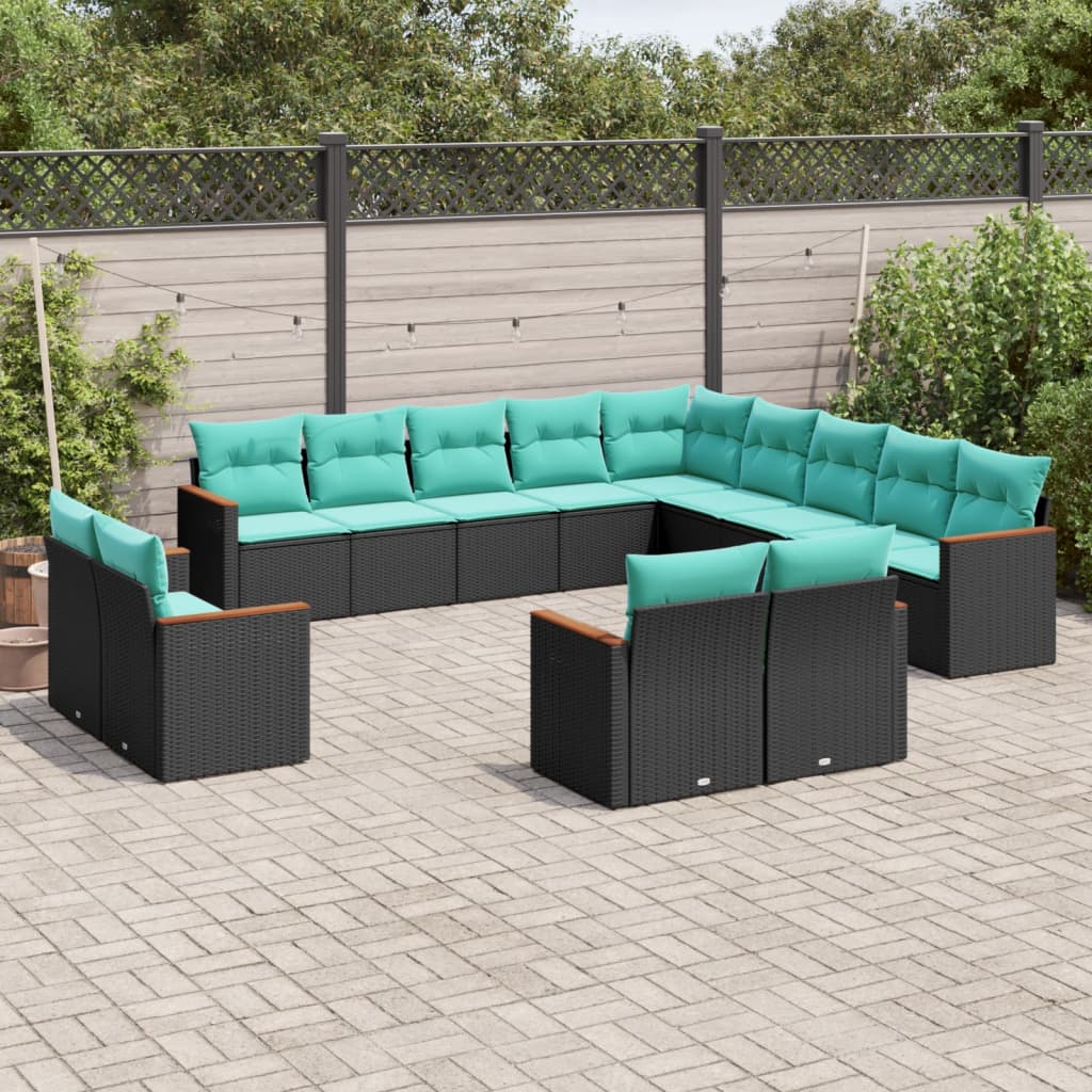 vidaXL 13-teiliges Gartensofa-Set mit Kissen, schwarzes Polyrattan