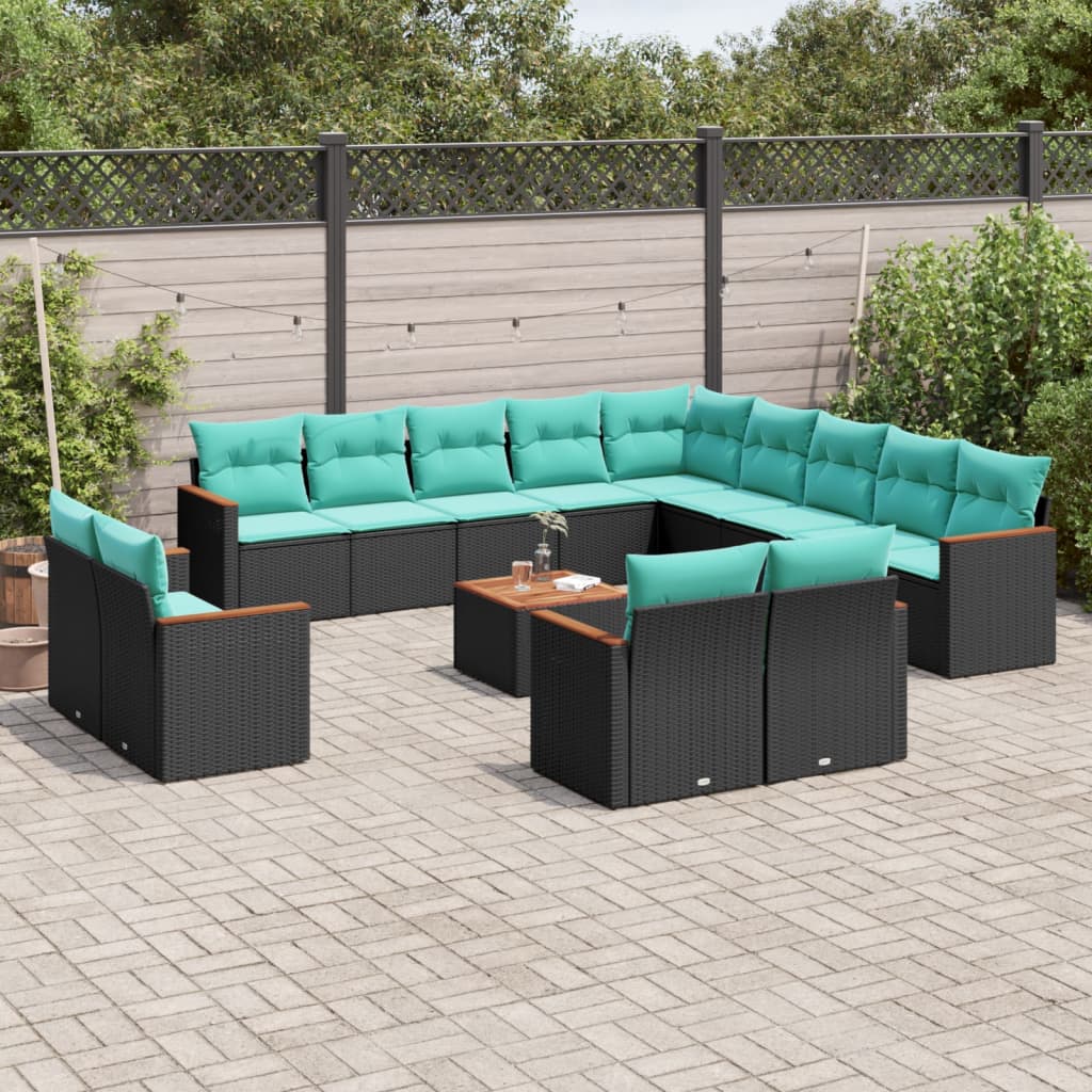vidaXL 14-teiliges Gartensofa-Set mit Kissen, schwarzes Polyrattan